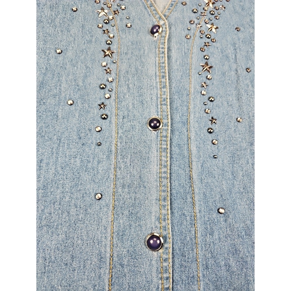 Vintage MONIQUE Fashions Denim Shirt Sz 2X Blue Raglan Sleeve Stars Embellished - Picture 3 of 9